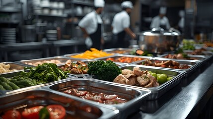 Obraz premium A vibrant and diverse selection of fresh, prepared dishes displayed in a professional catering buffet line, ready for service in a modern restaurant kitchen setting