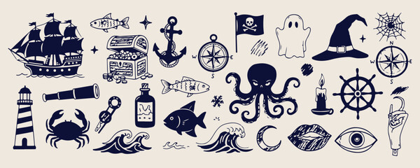 Nautical pirate adventure, ocean treasure map, octopus sea creature, anchor sailing icons, maritime adventure doodles, underwater mystery sketches, deep sea pirate theme.  © Geetaroy