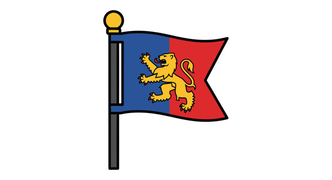 Flag with a blue field, red section, and a yellow lion emblem.