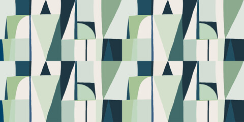 Modern abstract geometric print in green tones. Hand drawn minimalist collage contemporary seamless pattern.  © MURRIRA