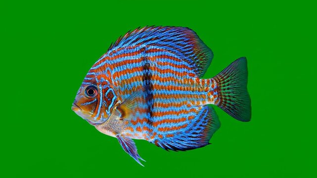 A vibrant blue and orange striped discus fish swims gracefully against a solid green background, showcasing its intricate patterns and fins.