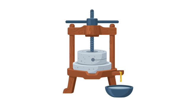 Traditional stone mill with a wooden press and a small bowl for flour collection.