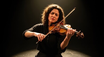 Obraz premium Woman playing violin with focused expression in dramatic lighting