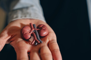 Fototapeta premium Human kidney model anatomy medical education healthcare organ biology health body part hand close up detailed realistic red brown vascular urinary system internal organ human body science study