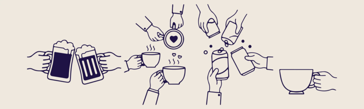 Hands holding coffee, tea party celebration, friendship toast icons, social gathering doodles, sharing drinks illustration, cafe lifestyle sketches, together drinking moments.