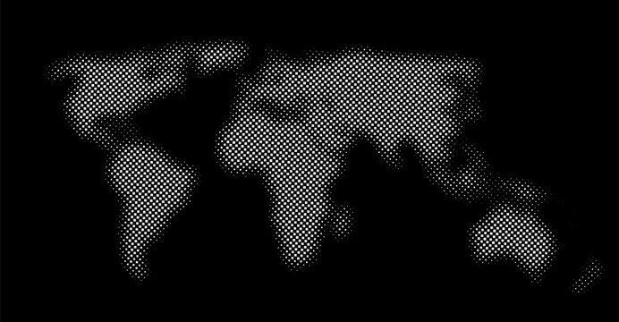 Black and white halftone style world map isolated. Sqaure pixel dots style. Vector illustration