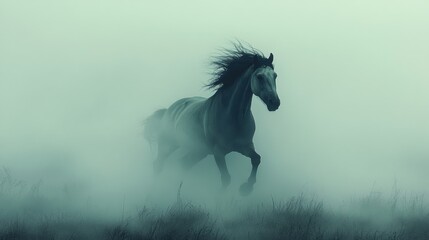 Obraz premium Majestic horse galloping through a misty landscape