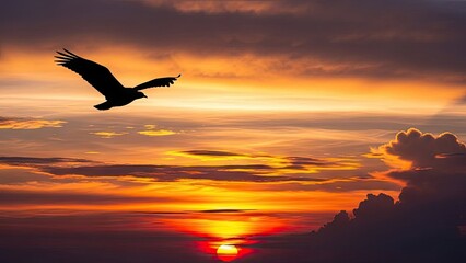 Fototapeta premium A majestic eagle soars through a vibrant orange sunset sky