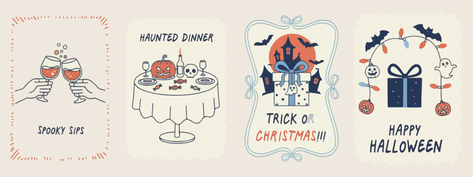 Trick or Christmas, spooky holiday fusion, halloween festive dinner, creepy xmas celebration, pumpkin holiday icons, haunted winter feast, unique holiday mashup.