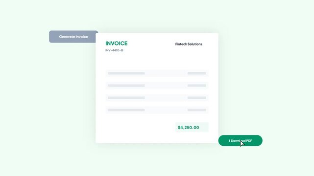 Professional fintech invoice generator UI animation with loading spinner and PDF download button