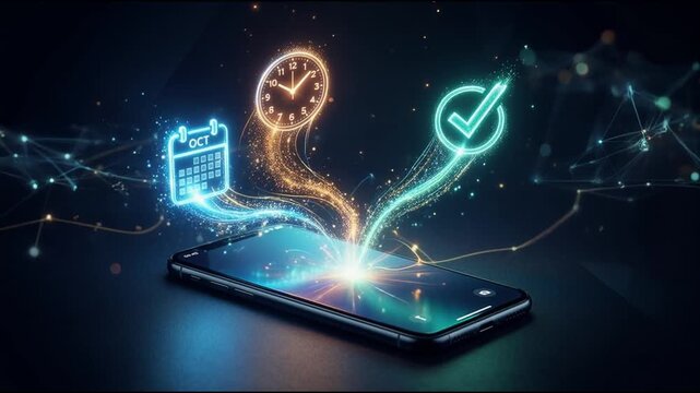 A person using a smartphone with digital icons of a check mark, clock, and calendar, symbolizing task completion, time tracking, scheduling, and productivity management in a modern digital workflow.