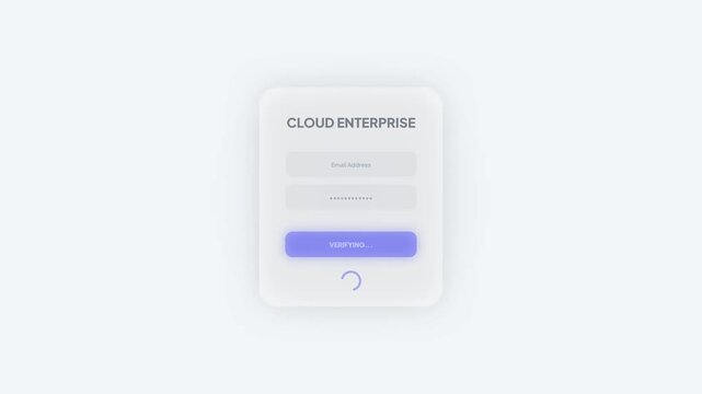 Modern enterprise cloud login portal with purple button verification animation and light mode dashboard statistics