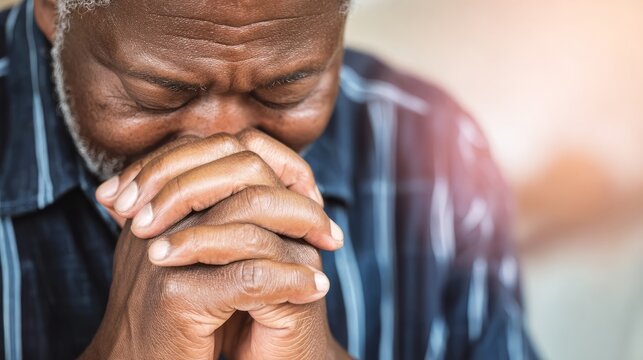 Senior African American man praying with hands clasped together in reflection. Mature male feeling humble and hopeful during silence. Devotion, faith, and religious worship or meditation.
