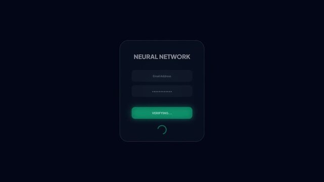 Cybersecurity neural network login interface with dark mode neon green verification animation and data visualization bars