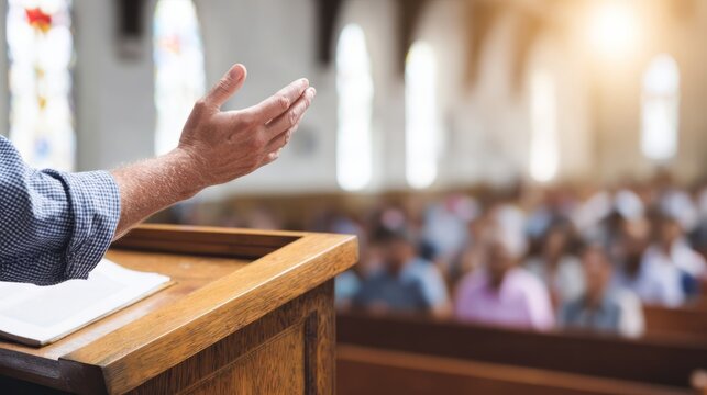 Man priest standing at wooden pulpit giving sermon to church congregation. Speaker gesturing while preaching to audience in religious place. Faith, spirituality and community gathering.