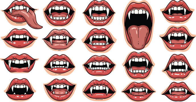 Cartoon red vampire lips with fangs and tongue collection