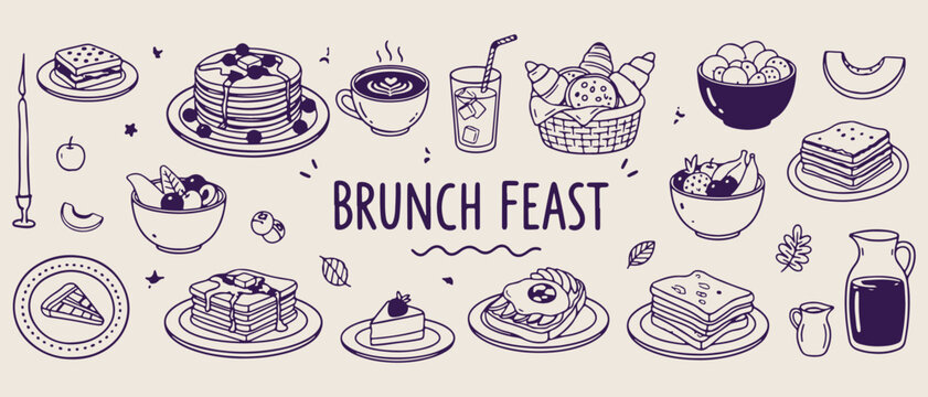 Brunch feast menu, morning breakfast doodles, coffee and pastry sketches, hand drawn cafe elements, culinary dining illustration, food recipes graphics, restaurant lifestyle icons