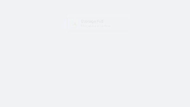 Yellow Warning Notification Toast For Storage Full And Clear Space Required Alert UI