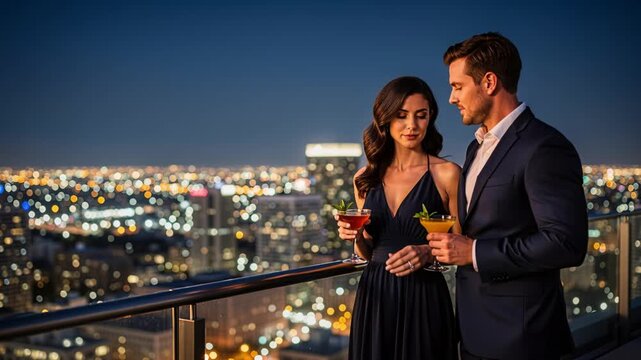 Stylish professionals mingle over cocktails against vibrant cityscape at dusk