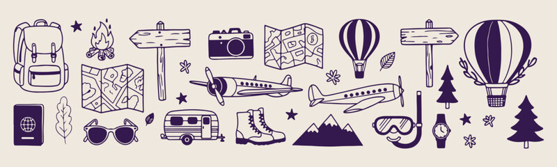 Fototapeta premium World travel map, international tourism doodles, hand drawn travel icons, adventure trip sketches, global journey illustration, vacation planning graphics, sightseeing tour icons