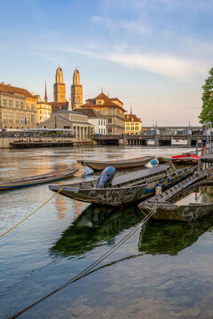 Grossmuenster and river Limmat in Zurich at summer sunset