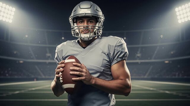 Quarterback intense portrait. Focused athlete holds football confidently