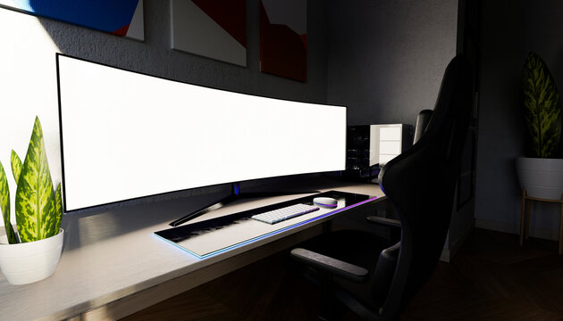 Modern workspace with ultrawide monitor and minimalistic design