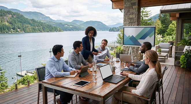 Diverse business team having a productive meeting on an outdoor terrace with mountain and lake views.