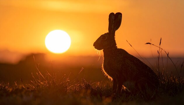 Hare Silhouetted Against a Dramatic Sunset Golden Hour Nature Scene.