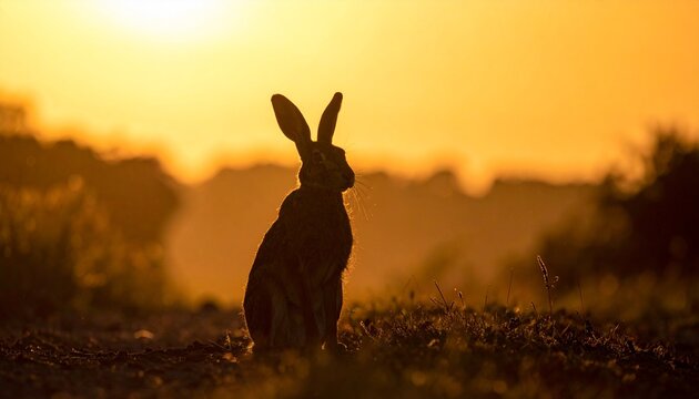 Hare at Sunrise Silhouette in Golden Light with Meadow Backdrop Nature Wildlife Beauty and Wonder.