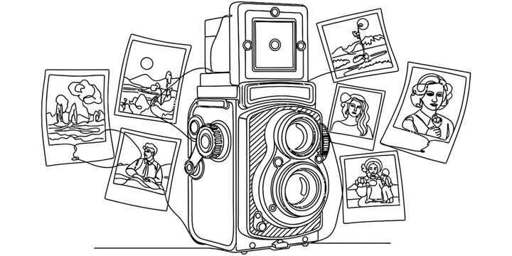 Vintage Twin Lens Reflex Camera with Instant Photos One Line Illustration