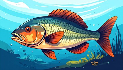 Fototapeta premium Vibrant Fish Illustration in Ocean Depths A Colorful Underwater Scene.