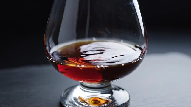 Close-Up of Amber Liquid Swirling in a Brandy Snifter Glass