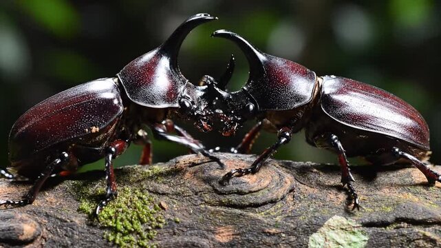 Closeup Shot Of Rhino Beetles Fighting On Mossy Log Reveals Detailed Features. Detailed Macro Image Capturing Male Rhinoceros Beetles Locking Horns On Mosscovered Log In Shadowed Forest Setting