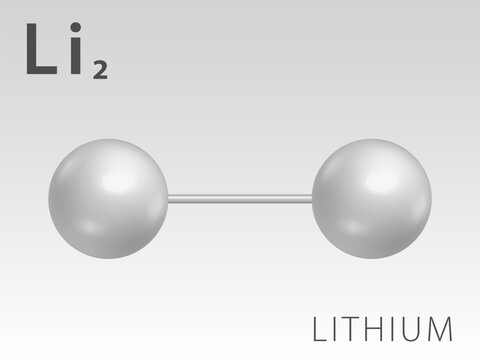 Lithium Li2 molecule model and chemical formula.  Metal. Three dimentional model, Illustration on white background. EPS10.