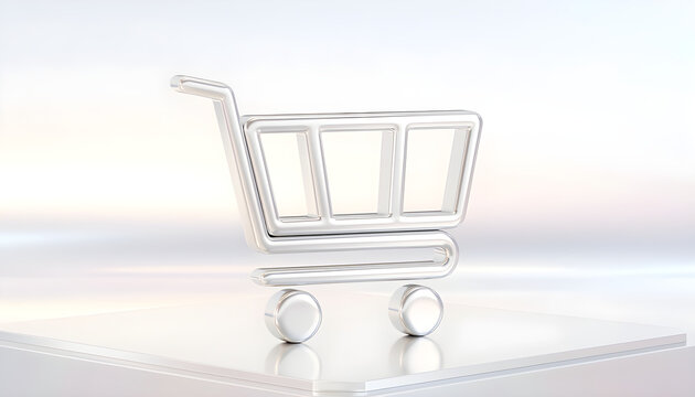 Chrome shopping cart line icon on a reflective white surface conceptualizing consumerism, online purchasing, retail, and digital transactions for modern businesses