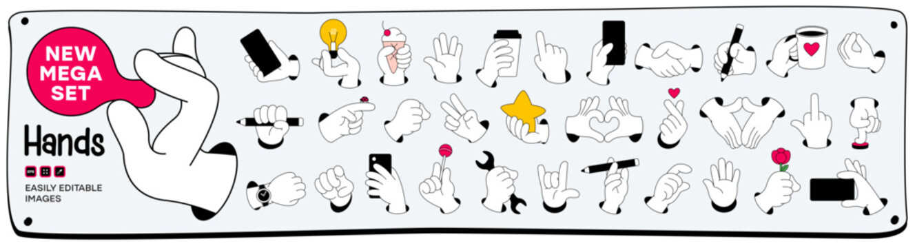 Mega set of Cartoon comic hands gestures with different sign, objects and symbols. Gesturing human arms in doodle style. Hands poses. Vector illustration