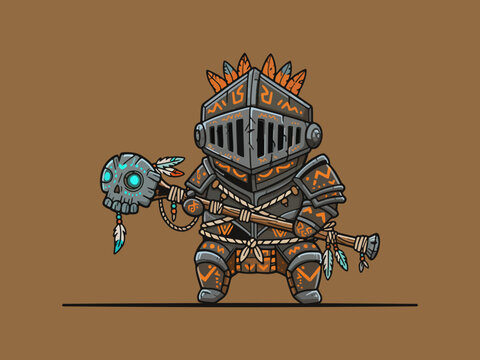 Chibi-style tribal monster with floating legless body, wooden mask, and spear in a fight pose. Features simple carvings and tribal details in flat vector style with bold clean outlines and solid color