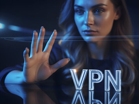 Woman using vpn for cyber security, data privacy, encrypted connection, virtual private network, internet safety, digital identity protection, anonymous browsing, global proxy, firewall, web access.