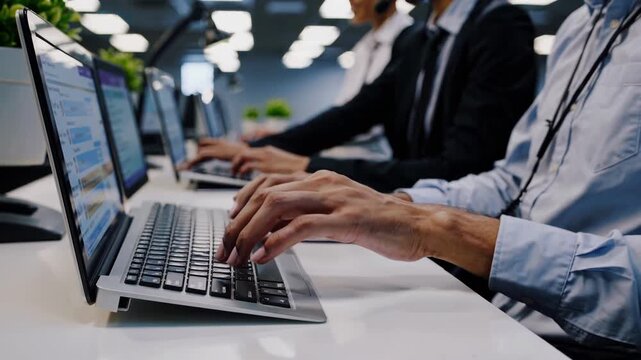 Call Center Agents Typing On Laptops, Headsetequipped Staff Across Rows Of Monitors, Closeup Of Hands On Keyboard, Focused Atmosphere, Modern Office Lighting, Fast Response Workflow
