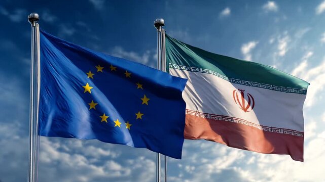 eu flag waving next to iranian flag in blue sky. relations between iran and the european union europe