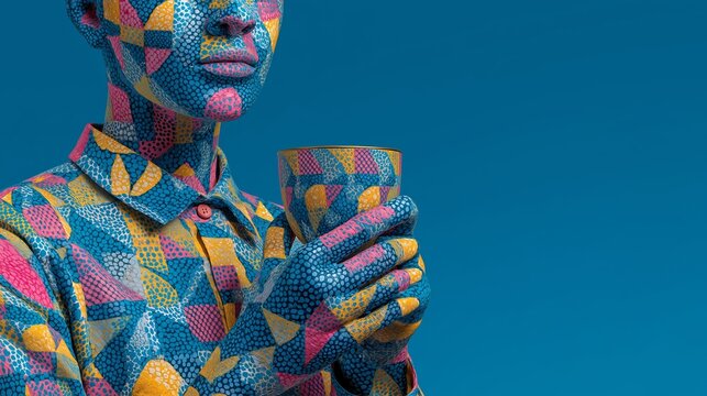 A creative individual adorned in bright, geometric body paint stands confidently, holding a colorful cup. The striking blue background enhances the playful design and artistic expression