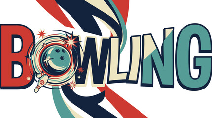 Obraz premium Colorful bowling typography with ball hitting pins integrated into letters on abstract background. Concept of fun entertainment, sport branding, retro style and dynamic leisure activity design