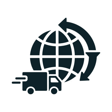 Vector icon featuring a globe with circular arrows and a delivery truck
