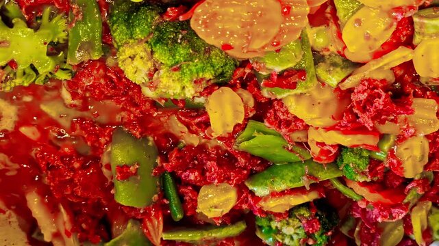 Boiling a brightly colored mixed vegetable soup with potatoes
