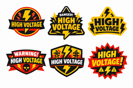 High voltage warning signs and danger labels set featuring electricity hazard symbols, skulls, and lightning bolts
