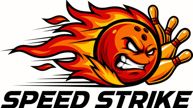 Angry flaming bowling ball crashing into pins with speed strike text in dynamic cartoon style. Concept of high energy, fast action, competition and powerful performance in bowling sport branding