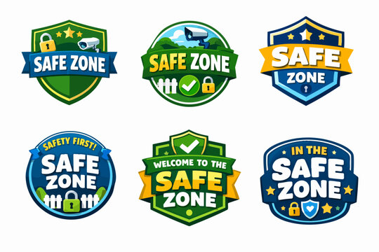 Collection of safe zone badges with shields, padlocks, cctv cameras, and checkmarks, symbolizing security and protection