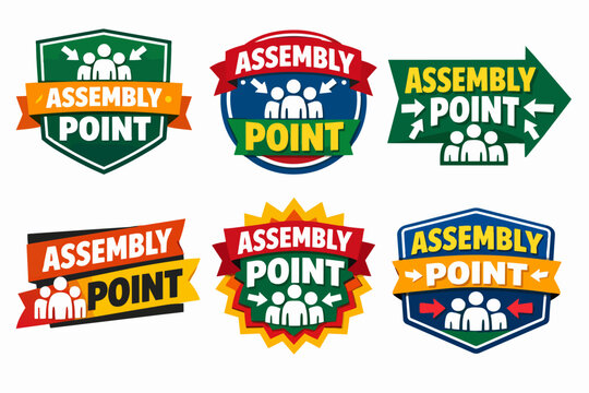 Assembly point signs collection ensuring emergency safety and evacuation procedures for public gathering muster points