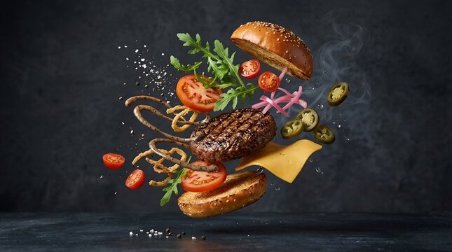 Realistic 3D Flying Burger Ingredients on Dark Background